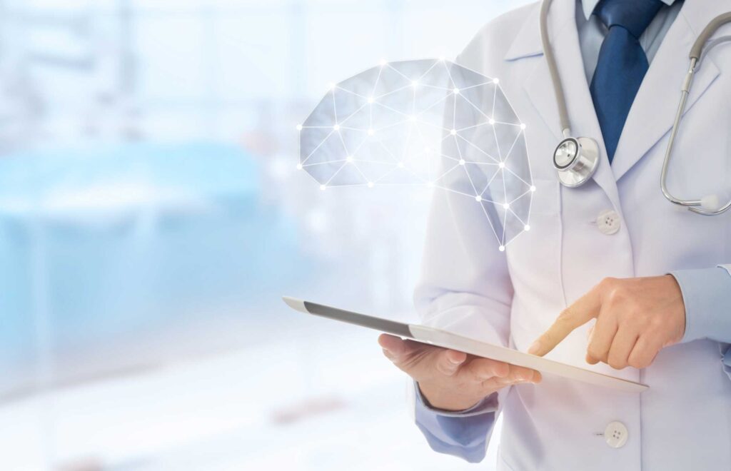 medical technology and brain research science concept. doctor using digital tablet with brain interface at hospital background.